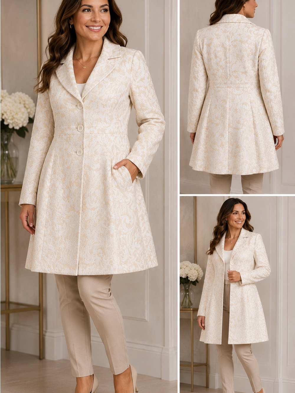 WHBM Long Coat Size S Ivory Brocade Floral Jacquard Fit-and-Flare Elegant